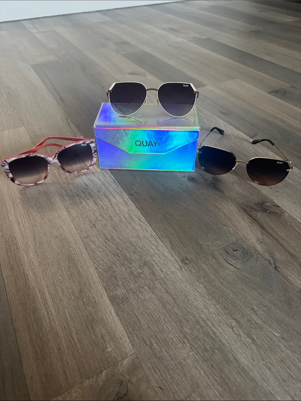 Quay Australia Sunglasses Trio - Gold, Orange Pattern, White/Brown and Case